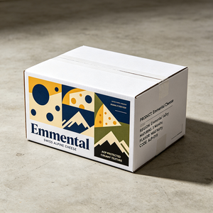 Boîte en carton ondulé suisse imprimée numériquement sur mesure, production en 72h, pour le fromage Emmental, emballage recyclable - Product Image 1