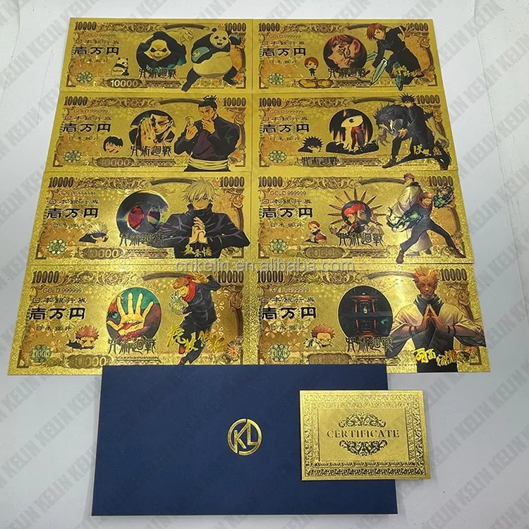 8 Designs Japan Anime Jujutsu Kaisen Gojo Satoru Cards 10000 Yen 24k Gold Foil Plated Banknote