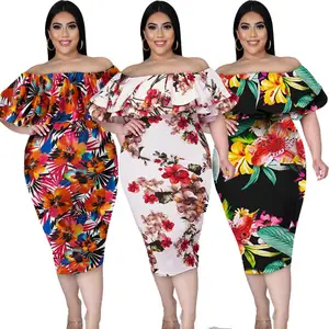 New Arrive Women Clothing Plus Size Dresses Floral Print Layered Ruffle Off Shoulder Womens Dress Evening Dresses