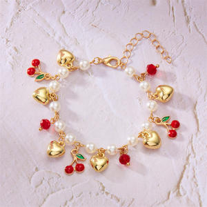 <strong>Korean</strong> Elegant Adjustable Alloy Pearl Heart Shaped Cherry Bracelet for Women Gold Plated Enamel Strawberry <strong>Charm</strong> for Summer - Product Image 6
