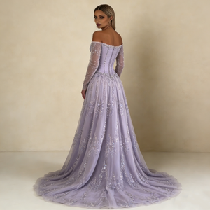 Robes pour femmes, violet clair, épaules <span class=keywords><strong>d</strong></span>énudées, col cœur, strass, manches longues en tulle, taille cintrée, traîne élégante - Product Image 4
