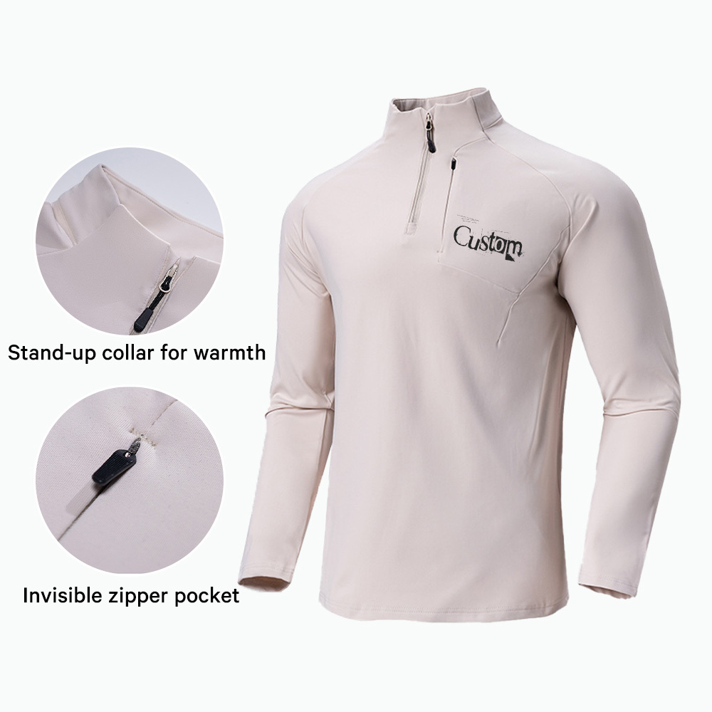 OEM Custom Stand Collar 1/4 Zip Long Sleeve Tops Sport Breathable Warm Gym Workout Training Men's T-Shirt with Chest Zip Pocket