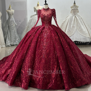 XS215 Robe de Quinceañera Rouge à Col Montant, Style Empire, pour 15 Ans, avec Broderie de Cristaux, Perles et Imprimé, Traîne Chapelle, pour Fête - Product Image 2