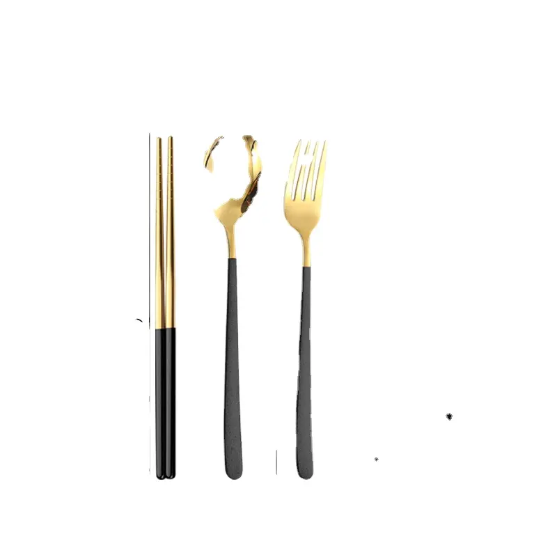 Korean-style Convenient Tableware Set Stainless Steel Cutlery Gold Chopsticks Spoon Fork 3pcs Set Student Travel Flatware Sets
