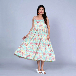 Vestido Midi Holgado de Algodón 100% con Estampado Floral Digital, Sin Mangas, Corte en A, Casual, con Dobladillo Asimétrico y Cuello Redondo, para Uso Diario, ODM, Primavera-Verano - Product Image 1