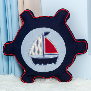 Mediterranean Style Ship Wheel Throw Pillow Cotton Oxford Fabric Embroidery Lumbar Support Blue White 47x47cm - Product Image 1