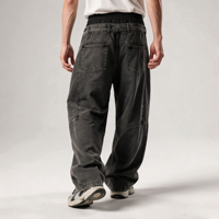 Jean noir délavé coupe baggy à jambe large pour homme, avec double passants de ceinture, fermeture boutonnée, cordon élastique, poche plaquée incurvée et couture au genou