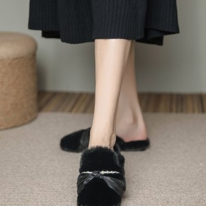 Warm Plush Fluffy Fur Closed Toe Mule Slippers Women Cute White Winter Outdoor Slip On Footwear - Product Image 3