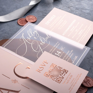Juego de Invitaciones de Boda de Acrílico Color Oro Rosa de Lujo con Tarjeta RSVP con Código QR, Sobre Color Rosa Empolvado y Sello de Cera Premium - Product Image 3