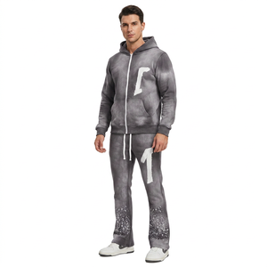 Men's Gray <b>Oversized</b> Tracksuit Hoodie Set Printed Letter Pattern Loose Fit Streetwear Full Length Zipper Front <b>Sweatpants</b> - Product Image 1