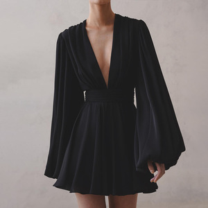 Abito Corto da Donna Nero Sexy con Scollo a V e Maniche a Bolla alla Francese, Vita Alta, Nuova Collezione Primavera 2026 - Vendita all'Ingrosso per Boutique - Product Image 1