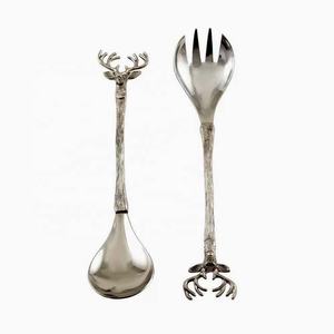 Juego de servir ensalada con plata niquelada hecha a mano cabeza de ciervo plata mango cubiertos Metal decorativo ensalada servidor conjunto - Product Image 1