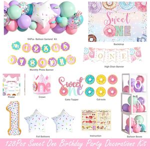 Kit de ballons d'<span class=keywords><strong>anniversaire</strong></span> sur le thème des beignets avec toile de fond Sweet One, bannière de ballons en feuille d'aluminium en forme de beignets, boîtes à ballons, affiche, décoration de gâteau - Product Image 2