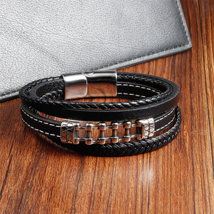 Men's Handcrafted Double-Layer Braided <b>Leather</b> <b>Bracelet</b> Black Cowhide & Stainless Steel - Product Image 3