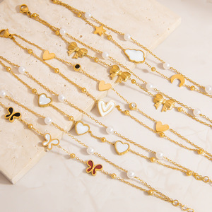 Pulsera de acero inoxidable con dijes de mariposa y corazón, chapada en oro de 18 quilates, diseño de doble capa, para mujer, regalo, joyería. - Product Image 1