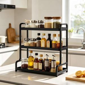 Adjustable Kitchen <b>Spice</b> Rack 3 Tier L Size Durable Multi Purpose <b>Storage</b> With Wooden Lid For Condiments Organization - Product Image 2