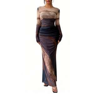 Vestido maxi de malla con efecto tie-dye para mujer - Vestido largo ajustado con fruncido y manga larga a la moda - Product Image 5