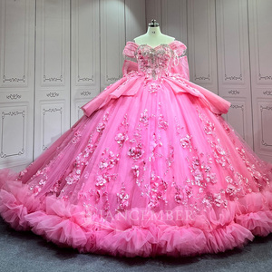 Vestido de Gala Rosa Lsmu188 para Quinceañera/Sweet 16 con Cola de Capilla y Escote Corazón, 100% Poliéster - Product Image 5