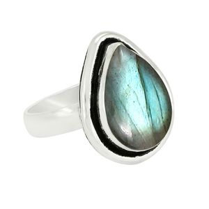 แหวนลาบราดอไรต์ธรรมชาติ เงินแท้ 925 พลอยสีน้ำเงินไฟ วินเทจ คลาสสิก ทำมือ เงินออกซิไดซ์ สำหรับงานปาร์ตี้ ผู้หญิง - Product Image 4