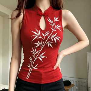 Camiseta de punto de verano para mujer, estilo chino nuevo, con cuello mandarín, botones de rana, estampado de bambú, diseño hueco, manga corta, top ajustado con corte de lágrima. - Product Image 3