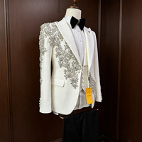 Costume 3 Pièces Homme Grande Taille Brillant avec Strass, Veste, Gilet et Pantalon Faits Main Ornés de Paillettes et Perles, Simple Boutonnage, pour Bal de Promo, Smoking, Mariage et Fêtes