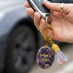 Porte-clés en pierre de palmier en agate naturelle avec citation <span class=keywords><strong>positive</strong></span> gravée, breloque de sac à pompon, pendentif de voiture pour la pleine conscience, cadeaux spirituels - Product Image 4