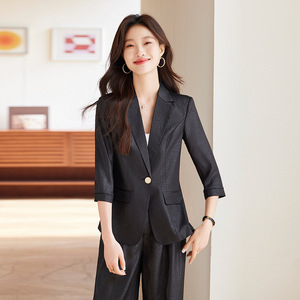 Women's Light Blue Summer Suit Set Three Quarter Sleeve Crepe Fabric Breathable Elegant Style For Office Wear - Product Image 3