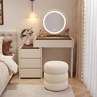 Bureau de toilette blanc crème 60/70 cm avec miroir LED et armoire à 3 tiroirs interchangeables pour chambre à coucher.