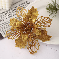 Bunga Hias Plastik Lapis Ganda 16cm Berlapis Serbuk Emas, Ornamen Gantung DIY untuk Pohon Natal, Dekorasi Pesta Natal