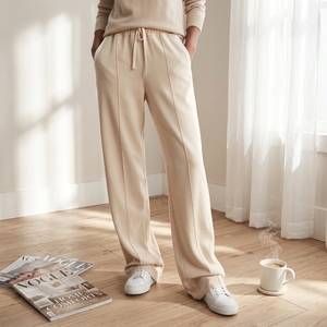 Pantaloni da Donna Personalizzati in Cotone e <span class=keywords><strong>Lino</strong></span> <span class=keywords><strong>Beige</strong></span>, Lavorati a Maglia, Formali, Comodi, a Vita Alta, Dritti con Coulisse e Strisce Laterali - Product Image 1