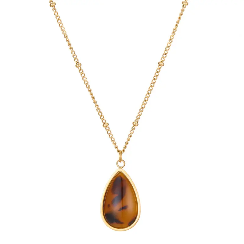 Vintage Waterdrop Natural Stone Pendant Necklace Women Gold Plated No Tarnish Stainless Steel Agate Stone Necklace