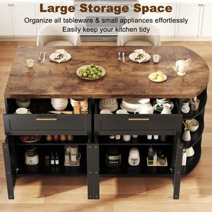 Isla de Cocina Negra Moderna SENYU con Cubierta de Madera Oscura, Estante Curvo, Gabinete de Almacenamiento, Diseño Multifuncional - Product Image 3