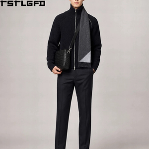 Cut And Sew Wool Mock Neck Full <b>Zip</b> <b>Up</b> <b>Jacket</b> Men Heavyweight Knit Jumper Men'S Outerwear Sets Clothing Manufacturers Bulk - Product Image 1