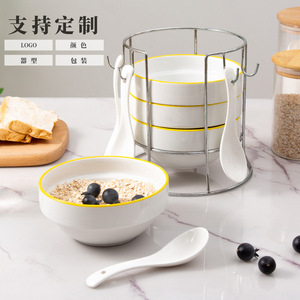 Juego de tazones nórdicos de cerámica blancos de 5.5 pulgadas con cuchara para servir ensaladas y desayunos, para uso doméstico en la cocina. - Product Image 3