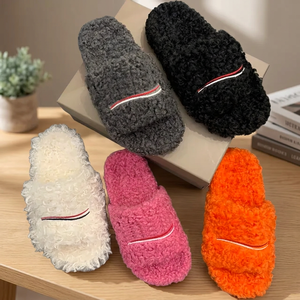 Luxury Men Women for Open Toe Wool <b>Fur</b> Warm Letters Comfortable Fuzzy All Seasons - Product Image 2