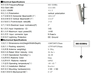 Antena Sectorial de Polarización Simple Direccional de 120 Grados y 65 Grados, 4G, 860-930 MHz, 12 dBi, Adecuada - Product Image 3