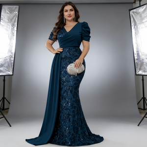 Robe <span class=keywords><strong>de</strong></span> mère <span class=keywords><strong>de</strong></span> la mariée grande taille, robe élégante à manches courtes avec panneaux <span class=keywords><strong>de</strong></span> paillettes et col en V <span class=keywords><strong>pour</strong></span> banquet <span class=keywords><strong>de</strong></span> mariage - Product Image 2