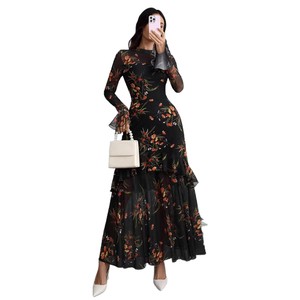 Nuovo <span class=keywords><strong>Abito</strong></span> <span class=keywords><strong>Lungo</strong></span> da Donna Stile Europeo e Americano, <span class=keywords><strong>Nero</strong></span> con Stampe Floreali, Maniche a Volant, per Primavera e Resort - Product Image 5