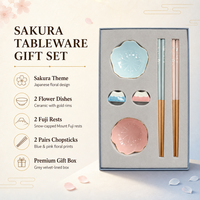 Lot de 2 paires de repose-baguettes en céramique motif fleur de cerisier bleue et rose, avec support en bois Mont Fuji, ensemble de vaisselle cadeau