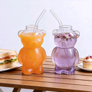 Vasos de Vidrio de Borosilicato Creativos <span class=keywords><strong>con</strong></span> Forma de Oso, Tazas de Café y Vasos de Cóctel, Lindos Vasos de Vidrio <span class=keywords><strong>con</strong></span> Pajitas, Suministro de Fábrica - Product Image 1
