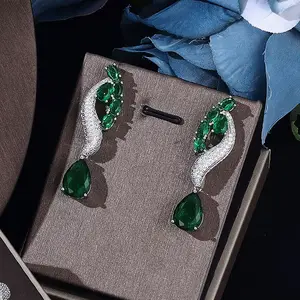 High End Luxury Dark Green CZ Zircon Gold Plated Snake Earring Necklace Set Saudi Arabia Female Bride Wedding Jewelry Set