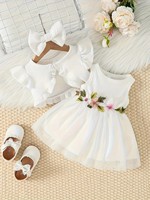 Ensemble de vêtements pour bébé fille, robe en tulle 3 pièces avec boléro à volants et bandeau pour fête d'anniversaire