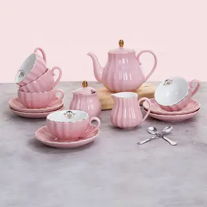 225ml tea cups and tea pot serve of 6 ceramic tea set with creamer pitcher and teaspoons