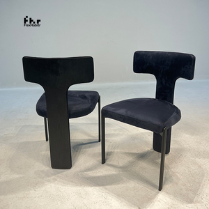 Contemporary Artistic T-Back <b>Dining</b> Chair Dark Blue Velvet Black Frame for Commercial Villa - Product Image 6