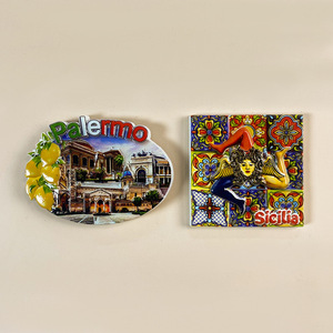 Aimants de réfrigérateur créatifs <span class=keywords><strong>en</strong></span> résine d'Italie, <span class=keywords><strong>Sicile</strong></span> et Palerme - Motif de carrelage traditionnel durable et souvenirs de voyage de sites emblématiques locaux - Product Image 1