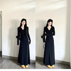 Black V-Neck Long Sleeve Dress Solid Color A-Line Long Skirt Daily Casual Wear Natural Waistline Plus Size - Product Image 2