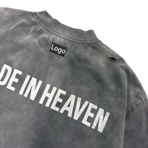 QYOURECLO, хлопковая негабаритная укороченная футболка большого размера с принтом экрана, с длинным рукавом, винтажная кислотная стирка, потертая Мужская футболка - Product Image 4