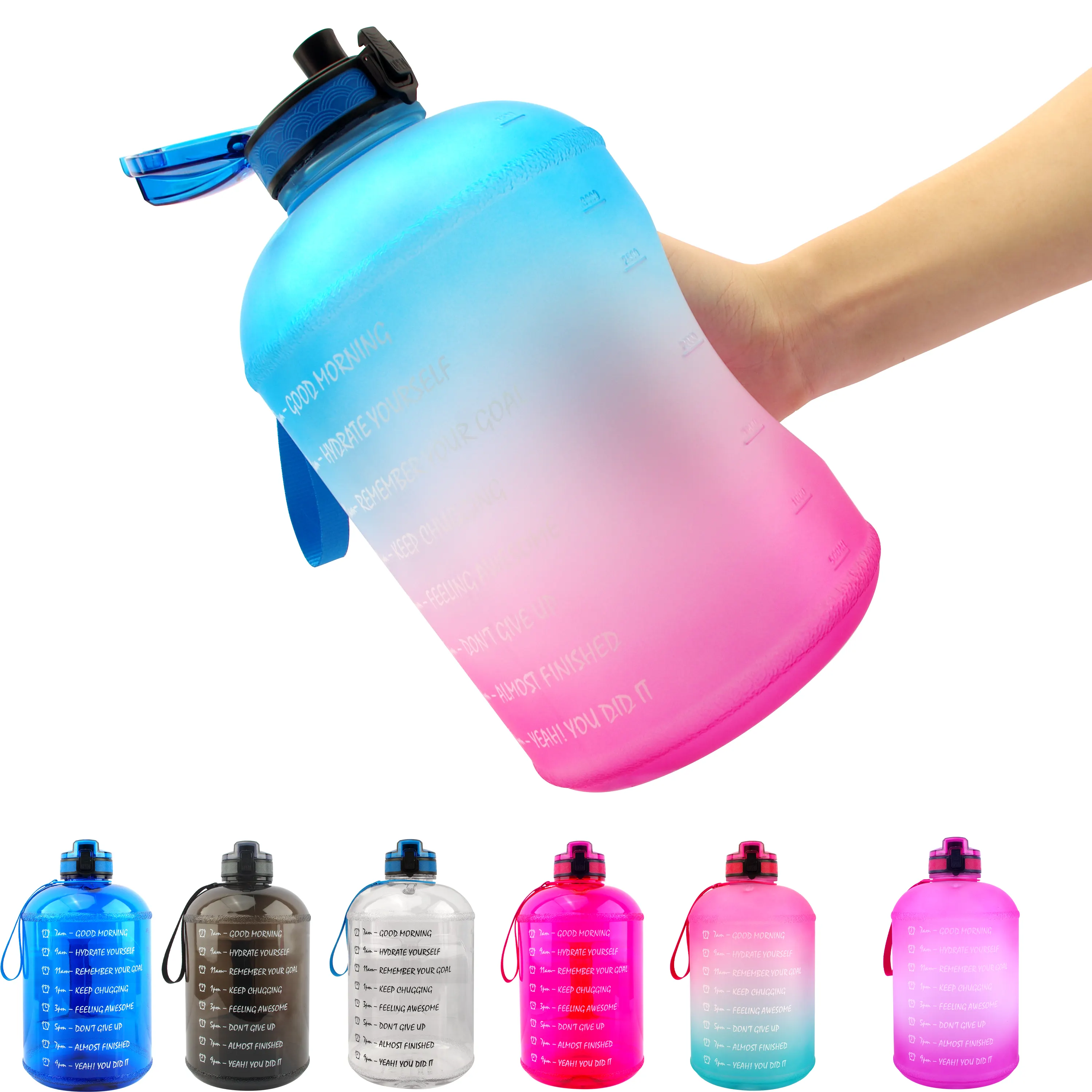 New design 128oz/1 gallon BPA free plastic water bottle with time marker