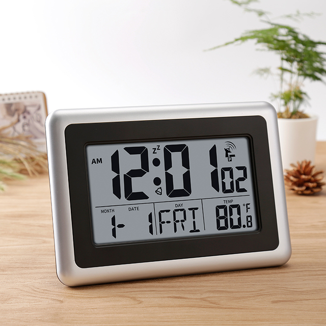 Modern Digital Large LCD Atomic Wall Clock with Seconds Temperature Calendar Battery Operated Alarm Desk Table Home Office Use