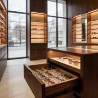 Walnussholz Hochwertige Luxuriöse Moderne Flip-Top Brillen-Vitrine LED Premium Optik-Aufbewahrungsschrank mit Hydraulikdeckel